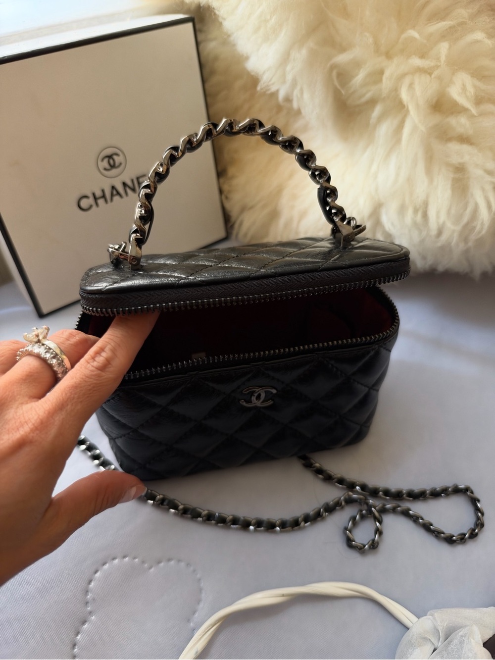 CHANEL Black Leather Key & Card Holder with Chain Strap